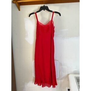 Vintage Red Lace Trim Pleated Hem Nightgown Slip Dress